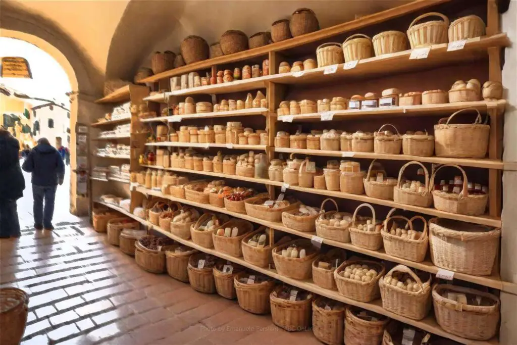 negozio di norcia con tanti cesti di Natale con i prodotti alimentari tradizionali e porta