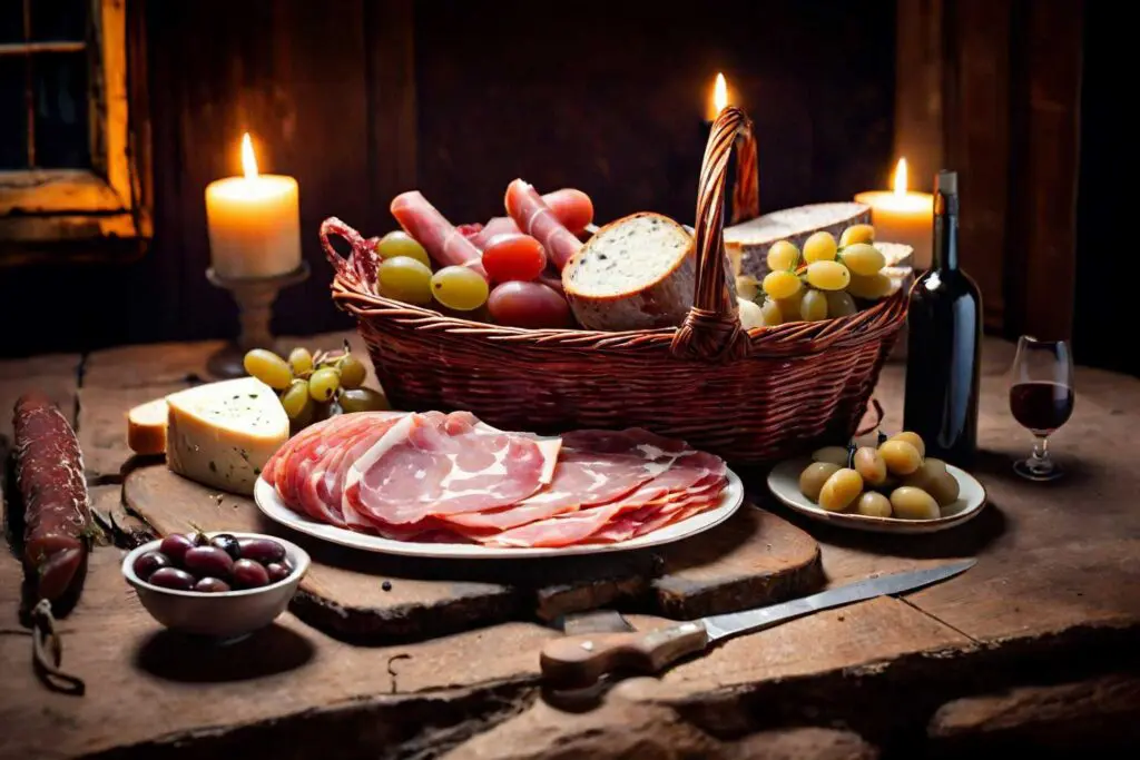 I taglieri di Norcia tavolo di salumi e formaggi con vino