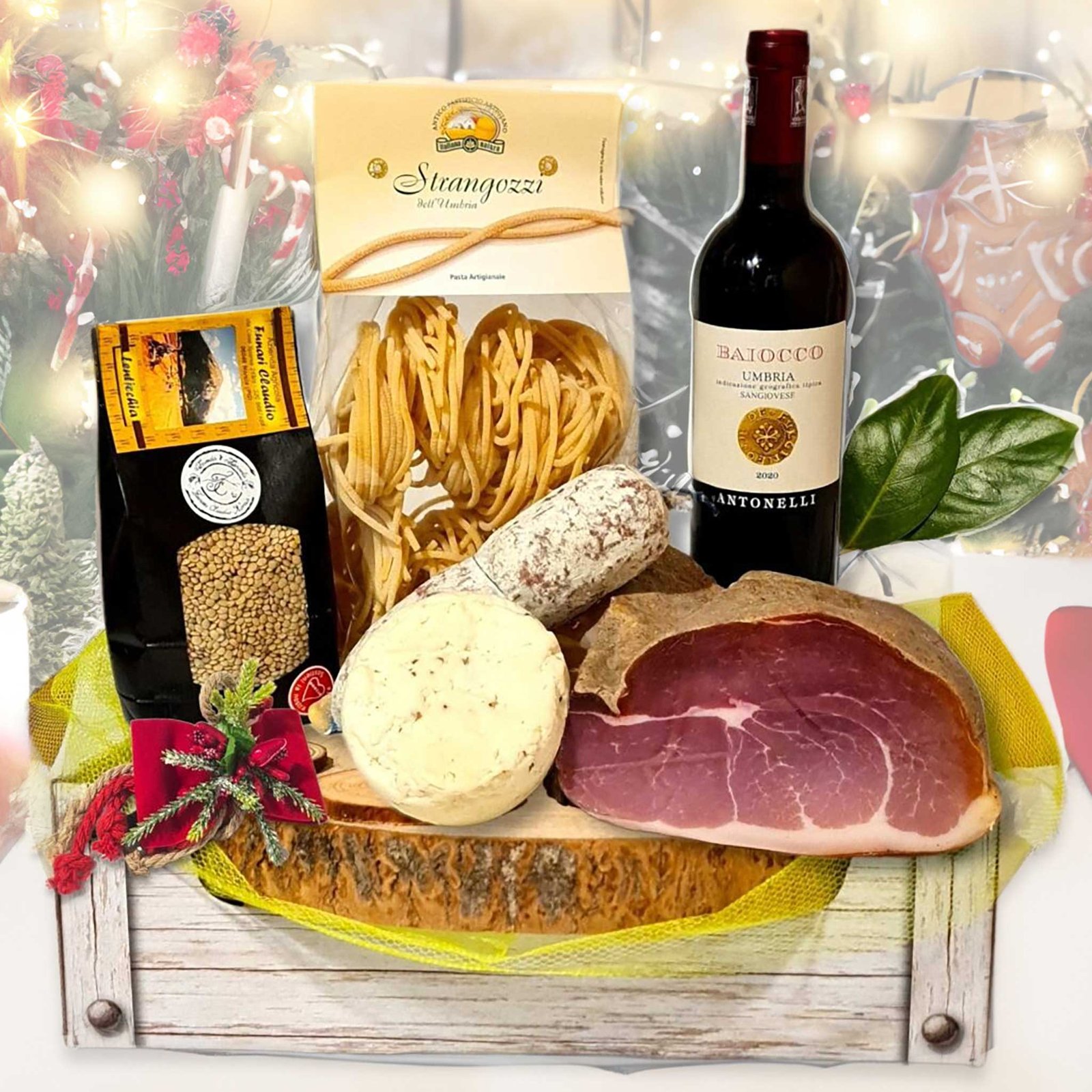 Cesto di Natale con salumi, legumi, formaggi e vino